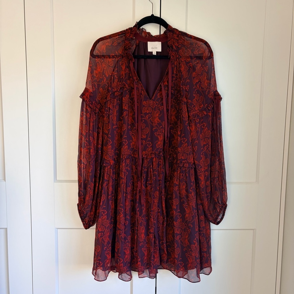 Cinq a Sept Silk Burgundy and Plum Long Sleeve Mini Dress | M